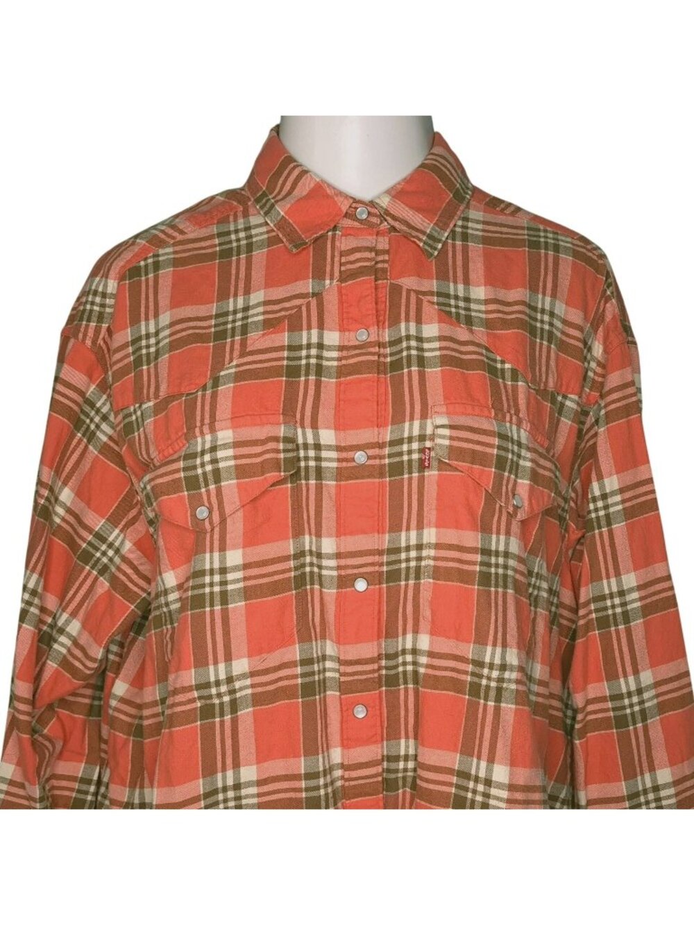 Levis Womens Western Plaid Pearl Snap Shirt XL Long Sleeve Coral Flannel